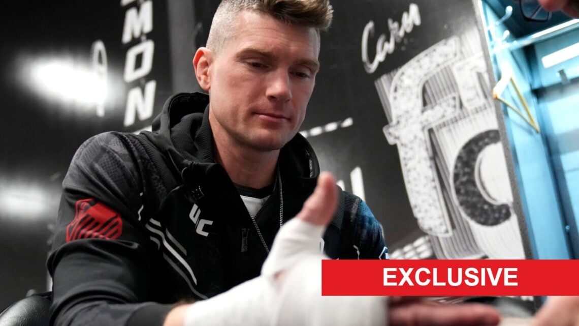 Stephen Thompson has his hands wrapped ahead of his fight with Shavkat Rakhmonov at UFC 296, inset exclusive banner