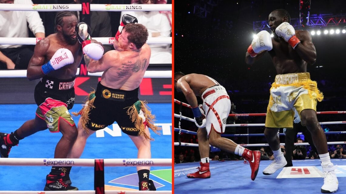 Terence Crawford and Canelo Alvarez punch each other during their boxing match and Terence Crawford punches Amir Khan