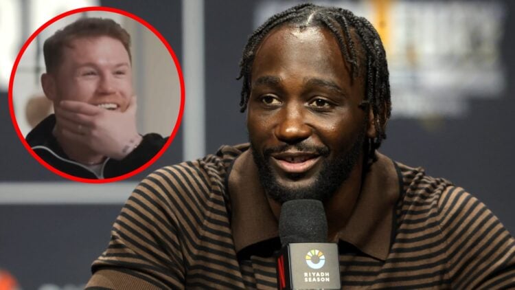 Terence Crawford on stage at a press conference in Las Vegas, inset Canelo Alvarez reacts during an interview with Piers Morgan