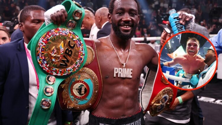 Terence Crawford poses with his title belts after beating Errol Spence Jr with an overlay of Canelo Alvarez celebrates following win over Billy Joe...