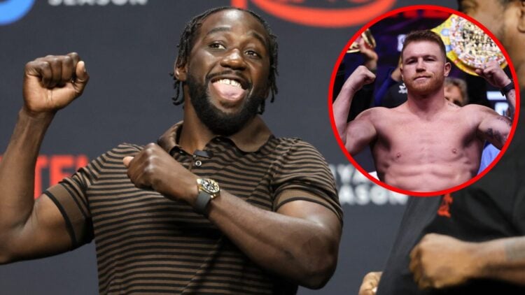 Terence Crawford on stage with his coach at a press conference in Las Vegas, inset Canelo Alvarez poses after facing off with William Scull in Riyadh