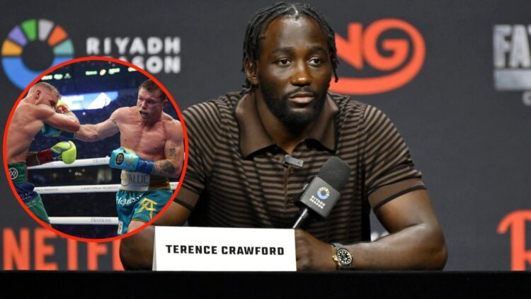 Terence Crawford looks out into the crowd at a press conference with an overlay of Canelo Alvarez punches Billy Joe Saunders at AT&T Stadium