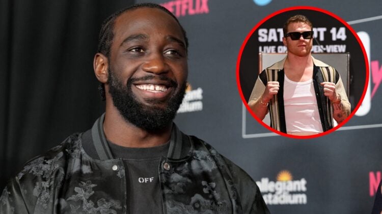 Terence Crawford attends the Grand Arrivals in Las Vegas, inset Canelo Alvarez poses at the press conference for his fight with Edgar Berlanga