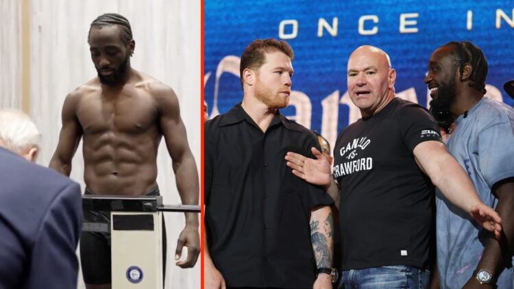 Terence Crawford weighs in ahead of his fight against Canelo Alvarez split with them facing off at the pre-fight press conference