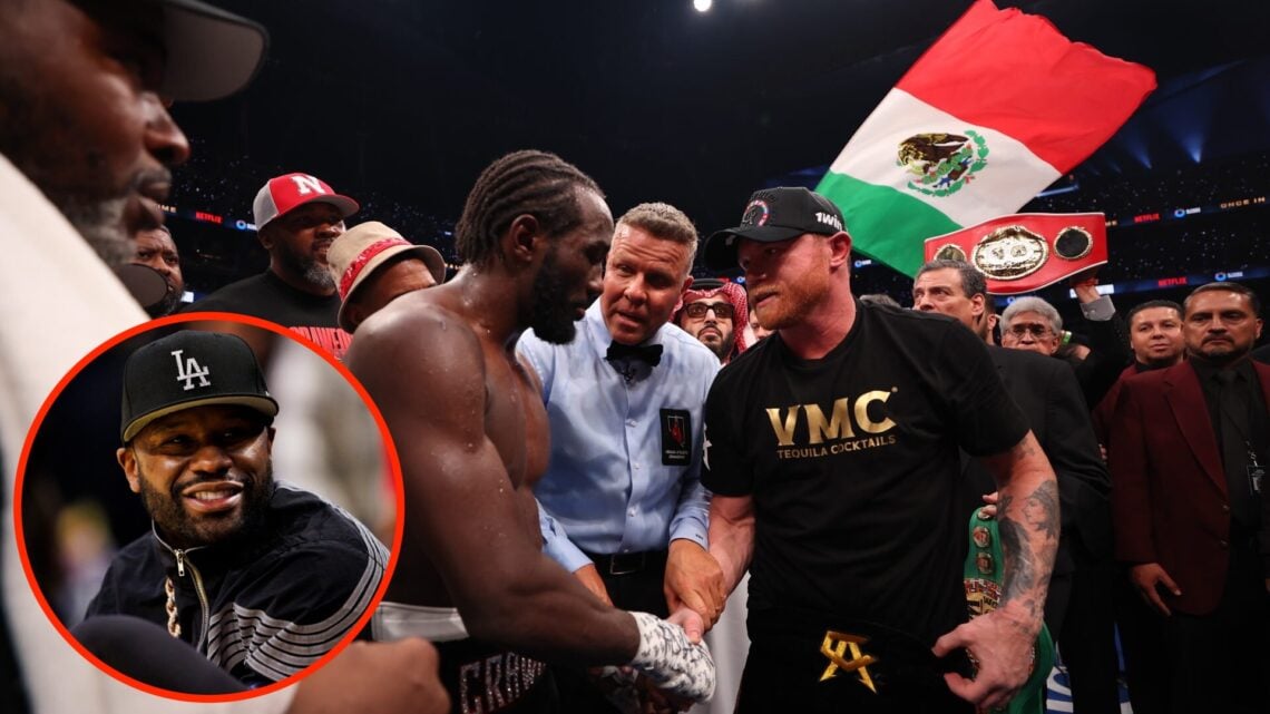 Terence Crawford and Canelo Alvarez embrace following boxing fight with inset of Floyd Mayweather