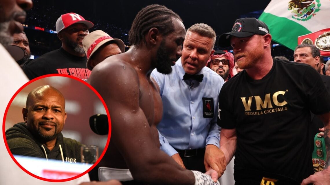 Terence Crawford and Canelo Alvarez shake hands after their fight in Las Vegas, inset Roy Jones Jr. on stage at a press conference in Manchester, E...