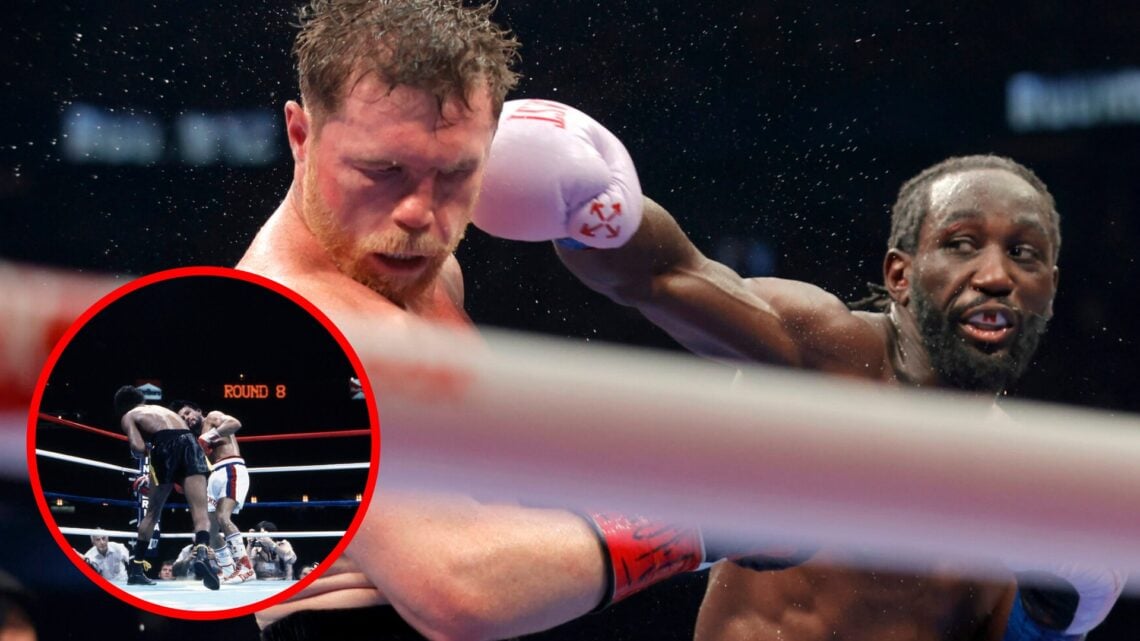 Terence Crawford punches Canelo Alvarez at Allegiant Stadium in Las Vegas, inset Sugar Ray Leonard punches Roberto Duran in their 1980 rematch