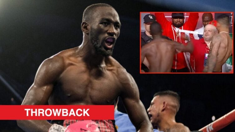 Terence Crawford celebrates knocking out Jose Benavidez Jr., inset screenshot of Crawford throwing a pre-fight punch.