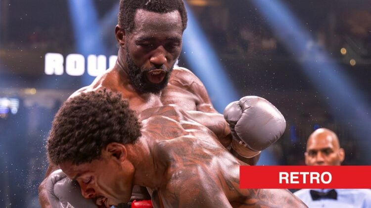 Terence Crawford lands right hand on Errol Spence Jr during title fight