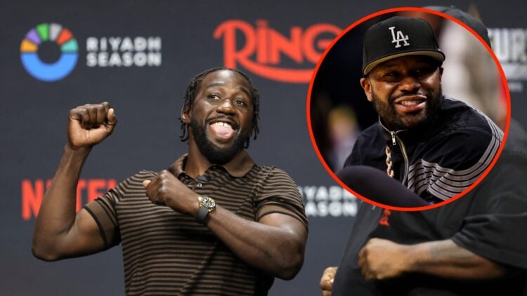 Terence Crawford in attendance at press conference ahead of fight against Canelo Alvarez with inset of Floyd Mayweather at an NBA game