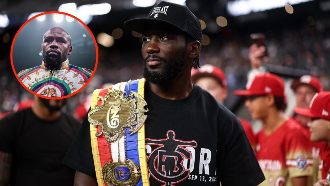 Terence Crawford with his undisputed super middleweight title during an NFL match with an inset of Floyd Mayweather