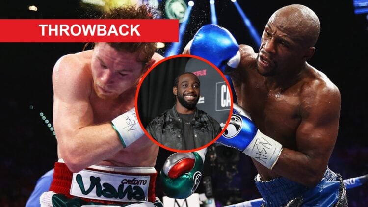 Floyd Mayweather lands a right hand on Canelo Alvarez with an overlay of Terence Crawford attends the Grand Arrivals prior to fight against Canelo ...