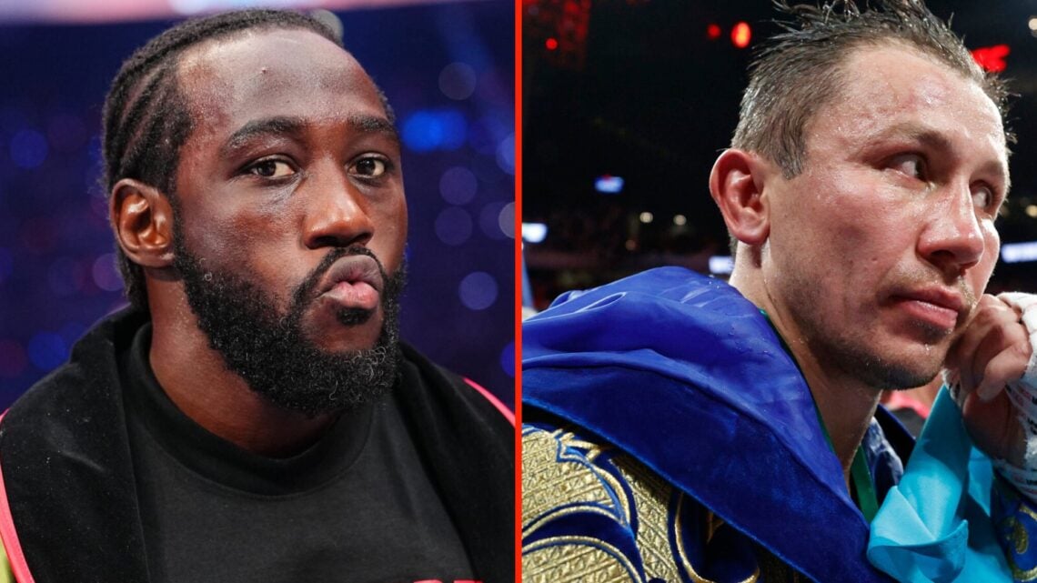 Left: Terence Crawford in the ring ahead of his undisputed super middleweight title fight with Canelo Alvarez in September, 2025. Right: Gennady Go...