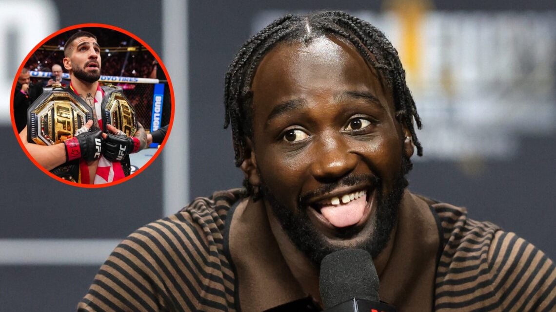 Terence Crawford during pre-fight press conference ahead of Canelo Alvarez fight split with Ilia Topuria celebrating UFC 317 win