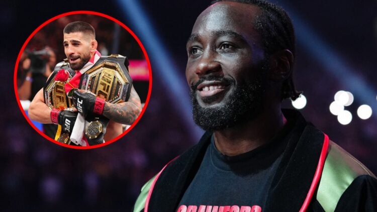 Terence Crawford walks out for his fight with Canelo Alvarez, inset of Ilia Topuria celebrating his UFC 317 win