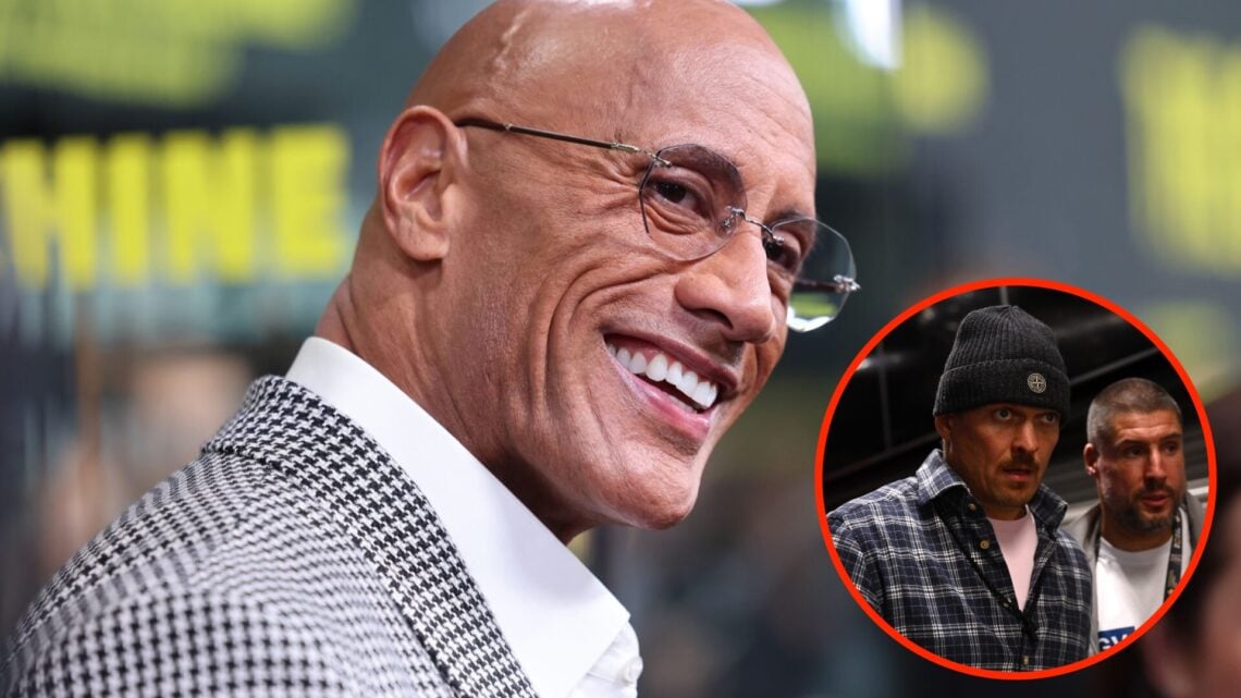 The Rock during the premiere of 'The Smashing Machine' with an inset of Oleksandr Usyk at the World Boxing Championships