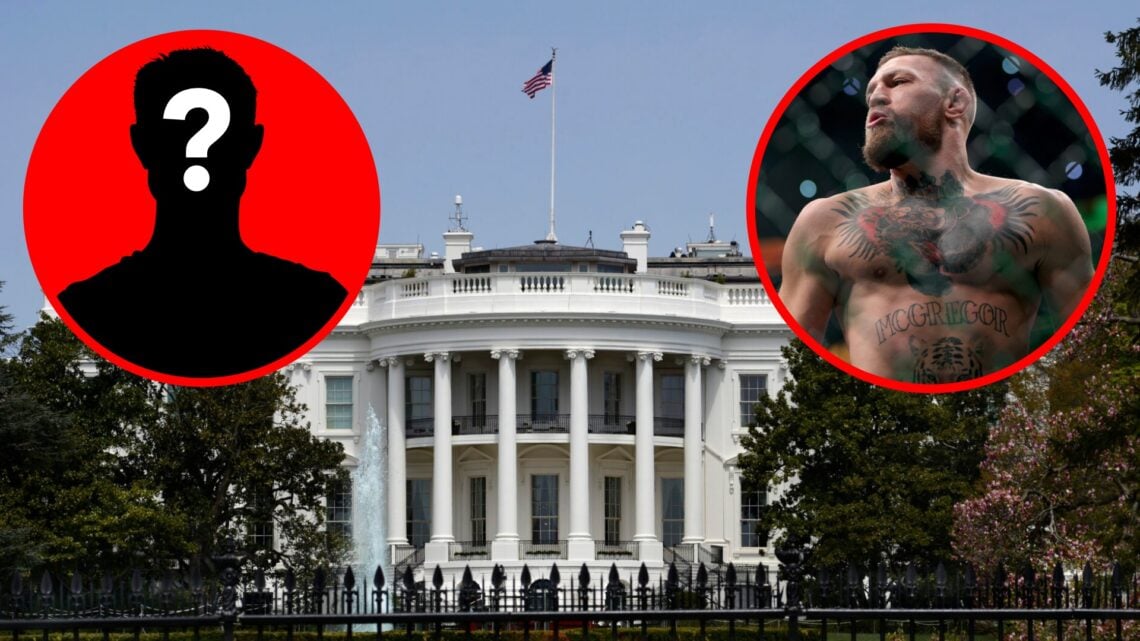Image of The White House in Washington, D.C., inset Conor McGregor prepares to face Dustin Poirier at UFC 264, mystery icon