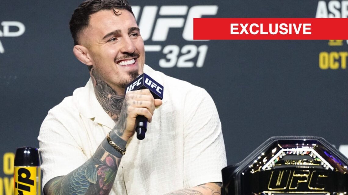 Tom Aspinall speaks at the UFC 321 press conference.