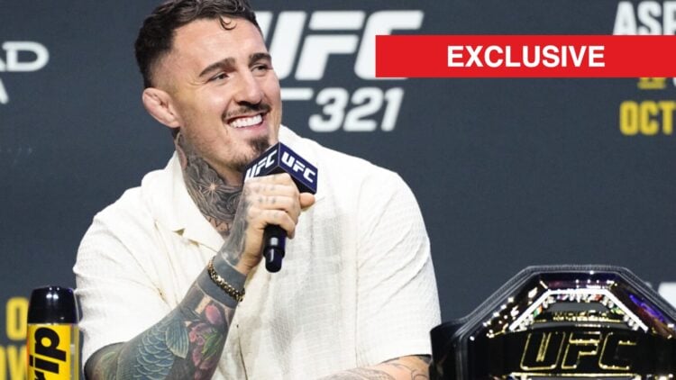 Tom Aspinall speaks at the UFC 321 press conference.