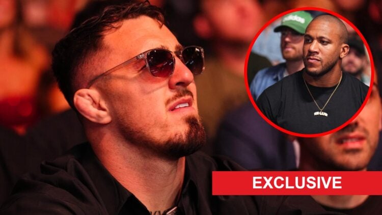 Tom Aspinall attends UFC 317 in Las Vegas, inset Ciryl Gane looks on while in attendance at UFC Paris in 2024, exclusive banner