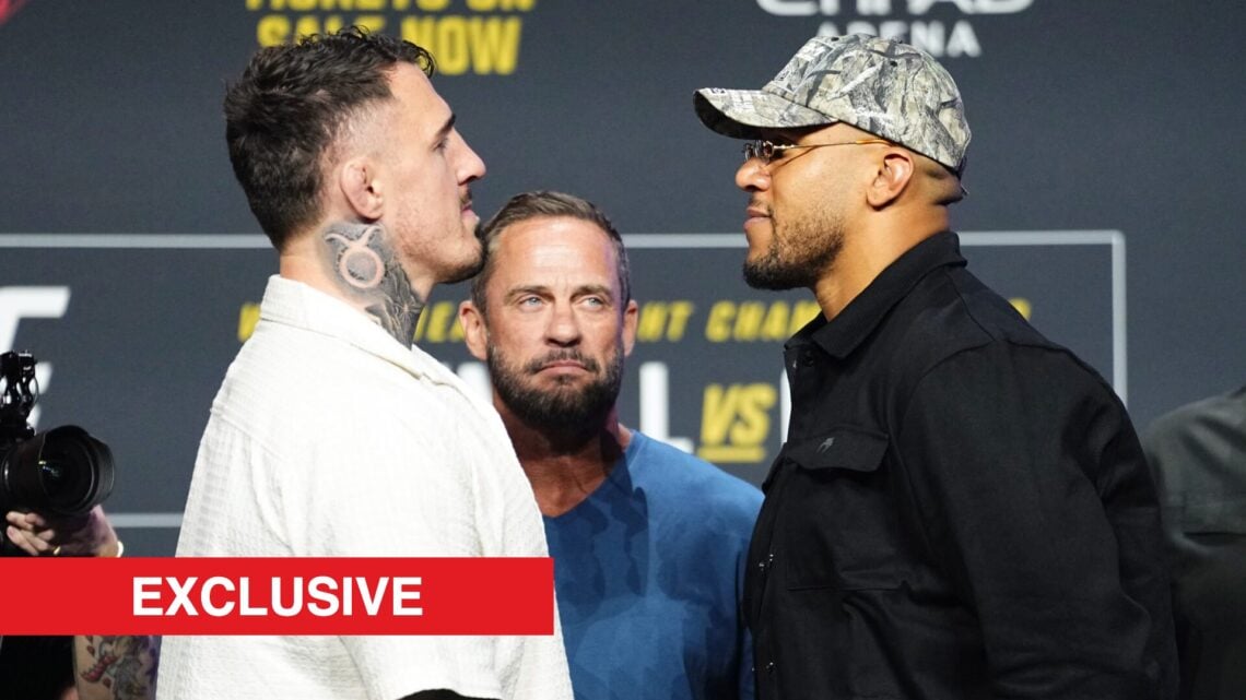 Tom Aspinall and Ciryl Gane face off during the UFC 321 press conference.