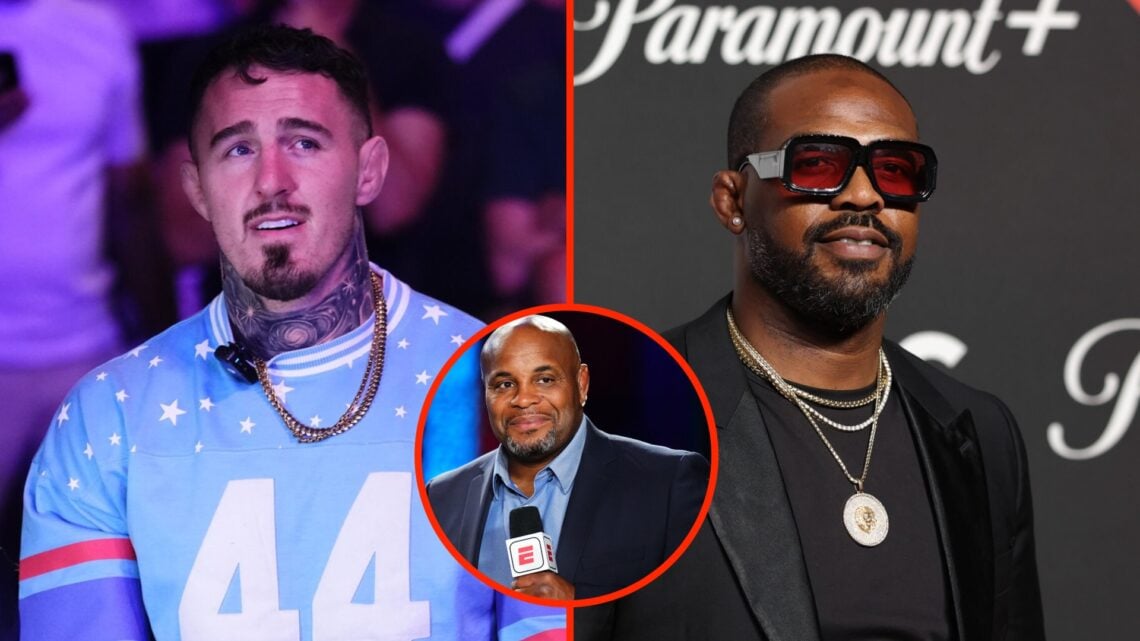 Tom Aspinall in attendance at UFC Paris split with Jon Jones at MTV Music Awards with an inset of Daniel Cormier
