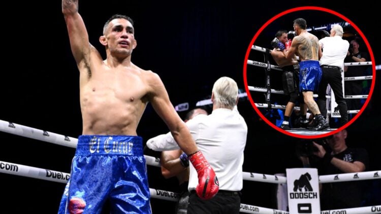 Tony Ferguson celebrates after beating Salt Papi at Misfits Boxing 22, inset Ferguson stops Salt Papi at Misfits Boxing 22