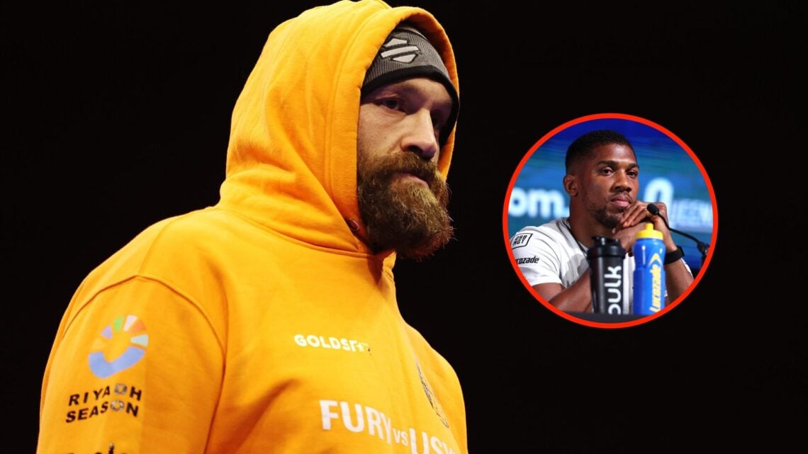 Center: Anthony Joshua at the open workouts ahead of his undisputed heavweight title fight with Oleksandr Usyk in Riyadh, Saudi Arabia. Insert: Ant...