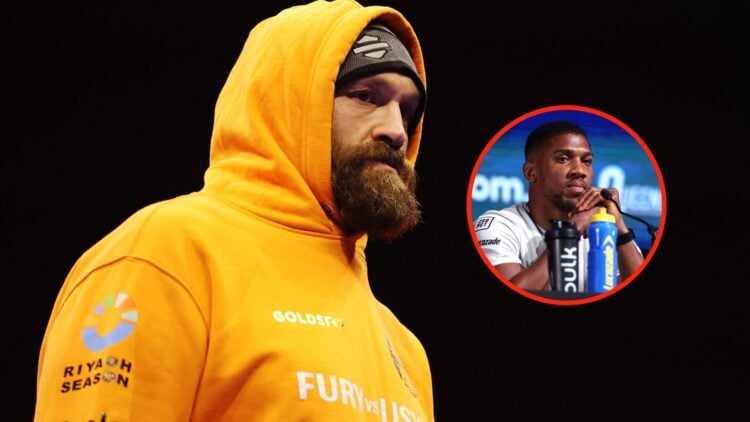 Center: Anthony Joshua at the open workouts ahead of his undisputed heavweight title fight with Oleksandr Usyk in Riyadh, Saudi Arabia. Insert: Ant...