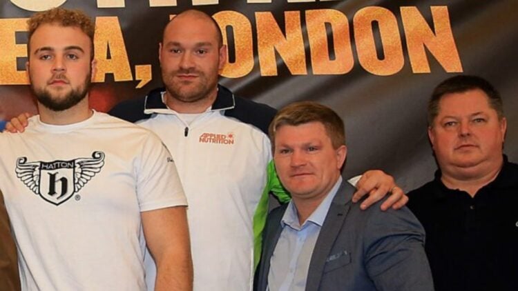 Tyson Fury and Ricky Hatton pose for a picture during a Boxing Press Conference at the Landmark Hotel on April 13, 2016 in London, England.