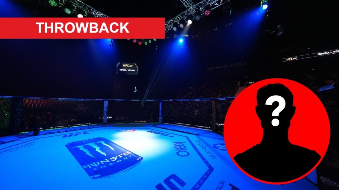 General view of the Octagon ahead of UFC 308, inset throwback banner and mystery icon