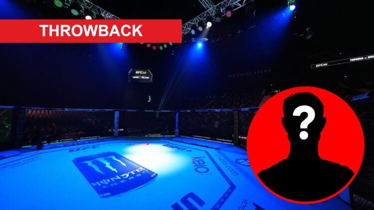 General view of the Octagon ahead of UFC 308, inset throwback banner and mystery icon