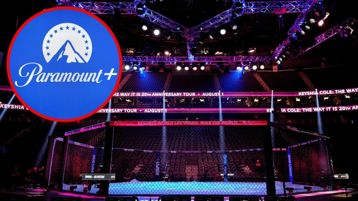 Cage-side view of the Octagon at UFC 317, inset Paramount+ logo on a screen