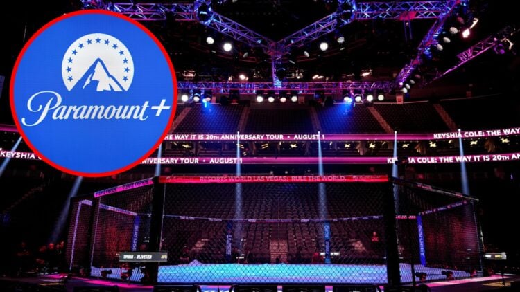 Cage-side view of the Octagon at UFC 317, inset Paramount+ logo on a screen