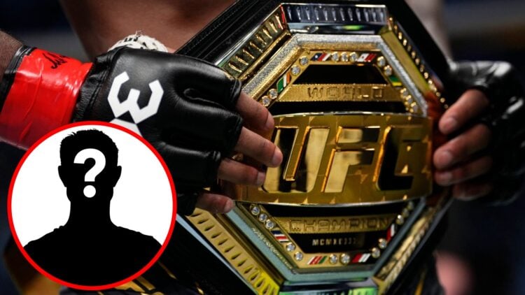 A detailed view of Leon Edwards' UFC welterweight belt at UFC 286, inset mystery icon