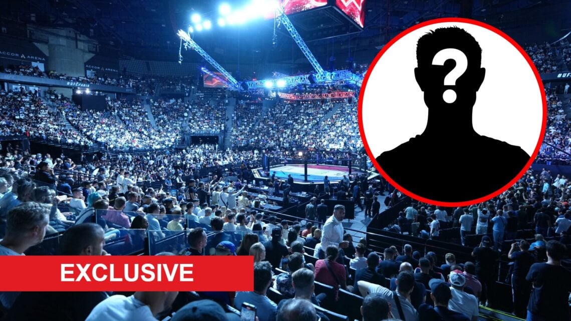 A general view of the Octagon during the UFC Paris event in 2022, inset exclusive banner and mystery icon