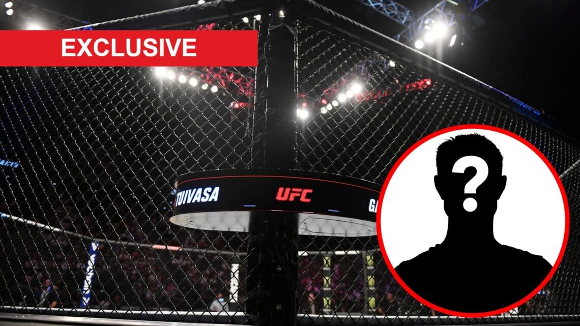 A view of the Octagon at UFC Paris in 2022, inset exclusive banner and mystery icon