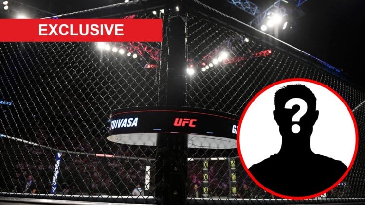 A view of the Octagon at UFC Paris in 2022, inset exclusive banner and mystery icon