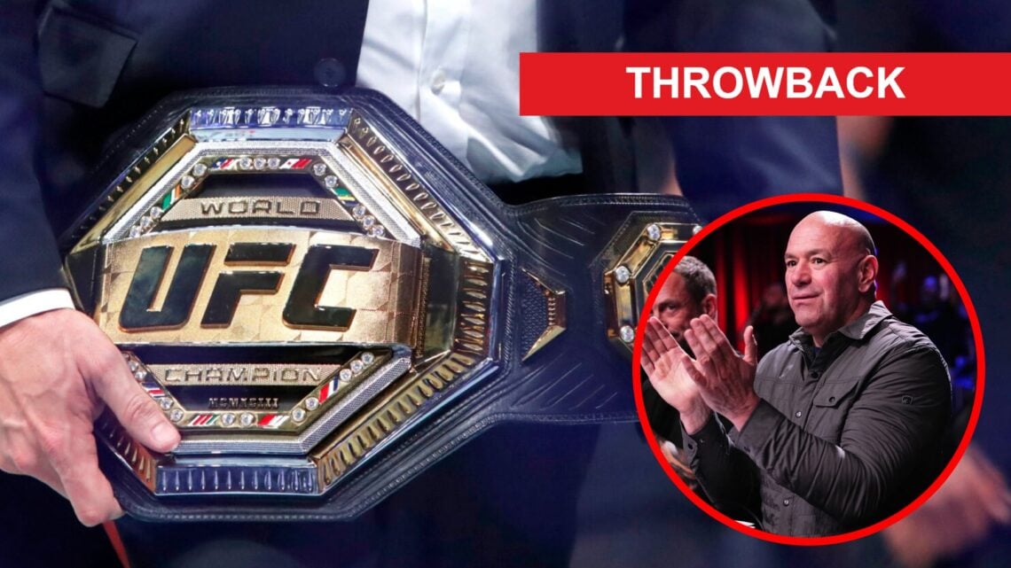 Dana White holds the UFC featherweight title at UFC 290, inset White claps during Dana White's Contender Series season eight, week nine, throwback ...