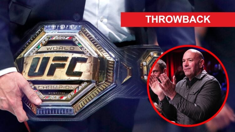 Dana White holds the UFC featherweight title at UFC 290, inset White claps during Dana White's Contender Series season eight, week nine, throwback ...