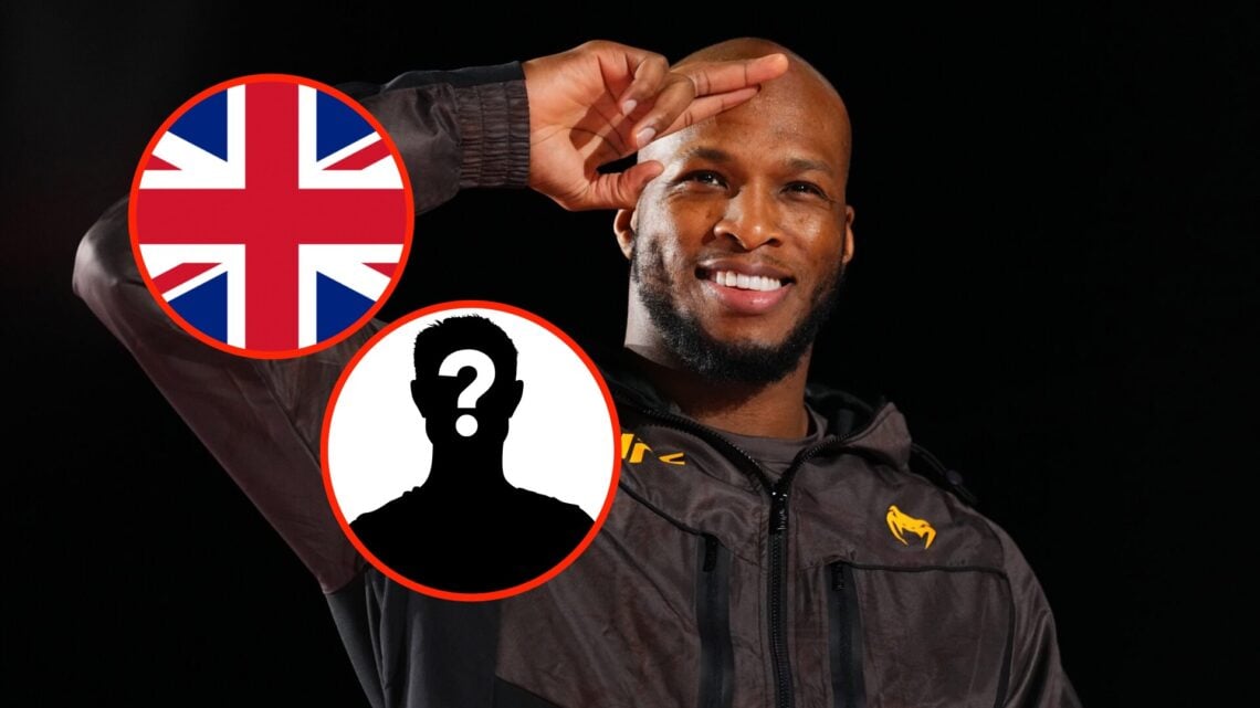 Insert: United Kingdom flag. Insert: Mystery Fighter. Center: Michael 'Venom' Page attends the open workouts ahead of UFC Fight Night Riyadh in Sau...
