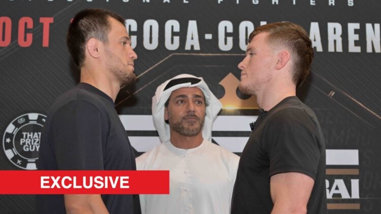 Usman Nurmagomedov and Paul Hughes face off with a Sheikh standing between them
