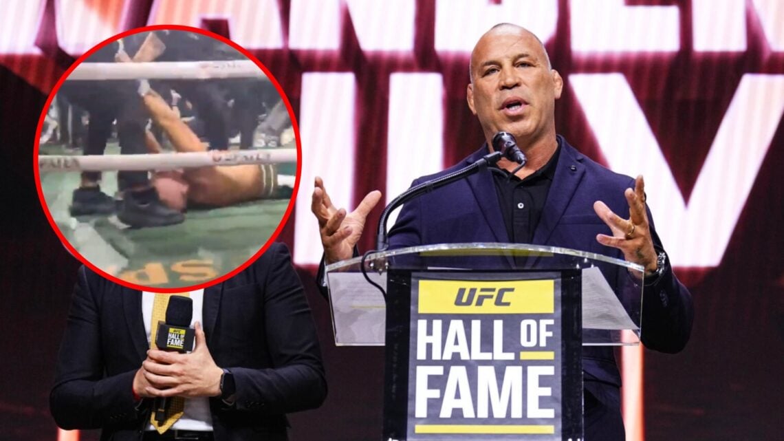Main: Wanderlei Silva speaks on stage at the UFC Hall of Fame 2024 Induction Ceremony. Inset: Wanderlei Silva on the canvas after getting knocked o...
