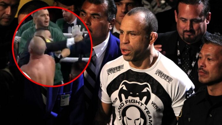 Main: Wanderlei Silva walks to the Octagon for his fight against Cung Le at UFC 139. Inset: Rafael Freitas punches Wanderlei Silva during a brawl a...