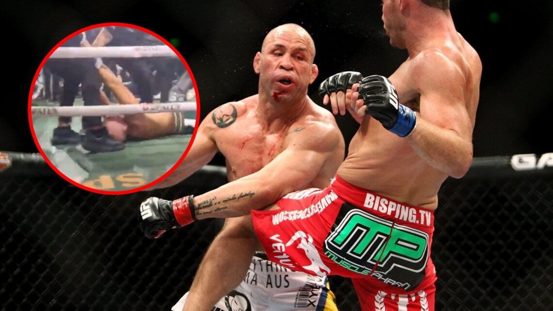 Main: Michael Bisping throws a knee at Wanderlei Silva during their fight at UFC 110. Inset: Wanderlei Silva lies on the canvas after being knocked...