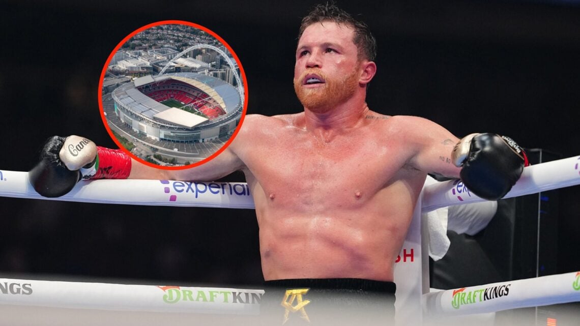 Insert: Aerial view of Wembley Stadium in London, England. Center: Canelo Alvarez in the ring during his undisputed super middleweight title fight ...