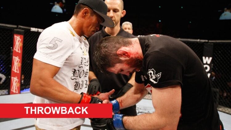 Yoshihiro Akiyama and Amir Sadollah embrace after their UFC fight in Japan, inset throwback banner