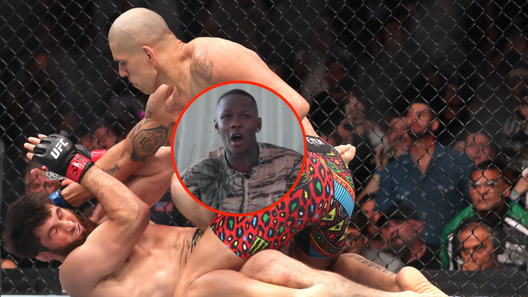 Alex Pereira punches Magomed Ankalaev on the ground at UFC 320, with inset of Israel Adesanya reacting to UFC 320