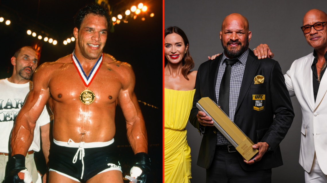 Split image of Mark Kerr following UFC 14 win, Mark Kerr poses with Emily Blunt and Dwayne 'The Rock' Johnson at UFC Hall of Fame