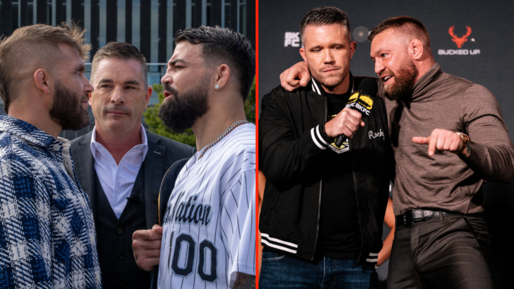 Split image of Mike Perry facing off with Jeremy Stephens, Conor McGregor speaking at BKFC KnuckleMania V